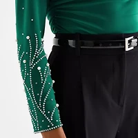 MSK Womens Round Neck Long Sleeve Embellished Blouse