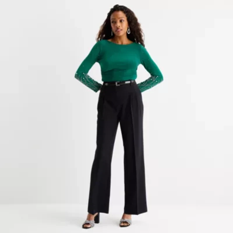 MSK Womens Round Neck Long Sleeve Embellished Blouse