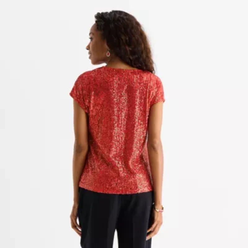 MSK Sequin Womens V Neck Short Sleeve Sequin Blouse