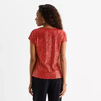 MSK Sequin Womens V Neck Short Sleeve Sequin Blouse