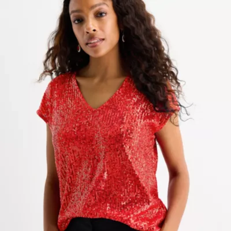 MSK Sequin Womens V Neck Short Sleeve Sequin Blouse