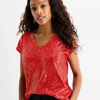 MSK Sequin Womens V Neck Short Sleeve Sequin Blouse