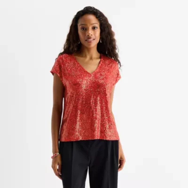 MSK Sequin Womens V Neck Short Sleeve Sequin Blouse
