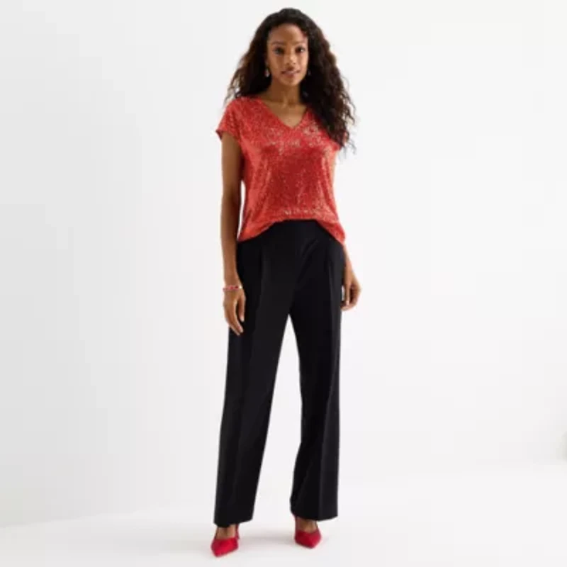 MSK Sequin Womens V Neck Short Sleeve Sequin Blouse