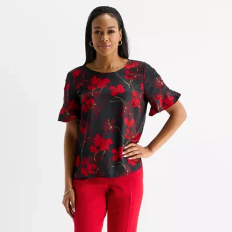 Liz Claiborne Womens Crew Neck Short Sleeve Blouse