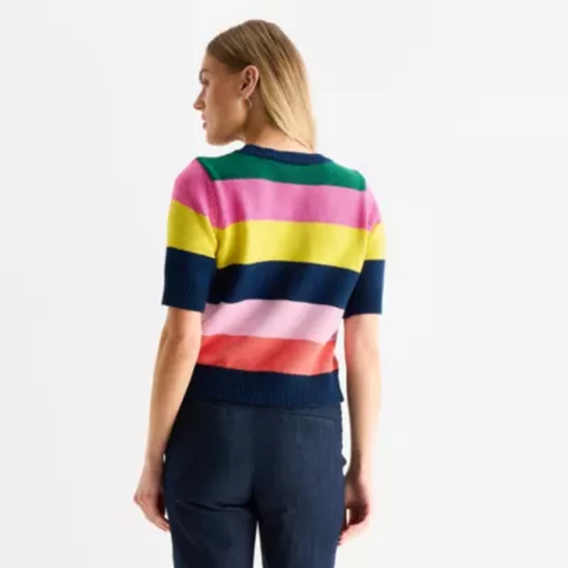St. John's Bay Womens Crew Neck Short Sleeve Striped Pullover Sweater