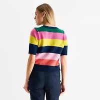 St. John's Bay Womens Crew Neck Short Sleeve Striped Pullover Sweater