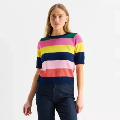 St. John's Bay Womens Crew Neck Short Sleeve Striped Pullover Sweater