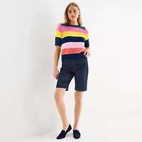 St. John's Bay Womens Crew Neck Short Sleeve Striped Pullover Sweater