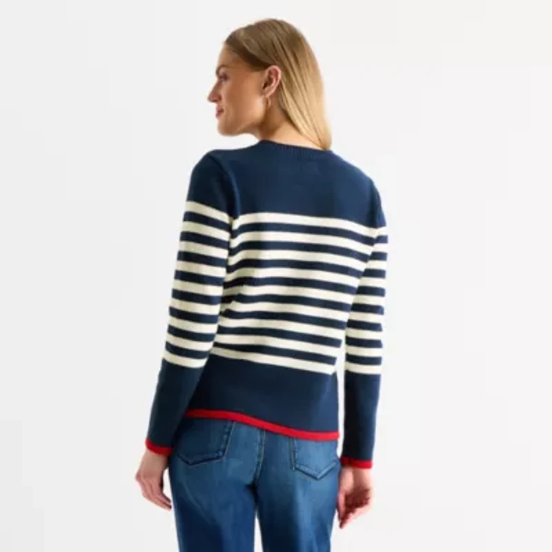 St. John's Bay Womens Crew Neck Long Sleeve Striped Cable Knit Pullover Sweater