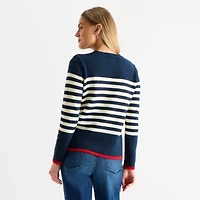 St. John's Bay Womens Crew Neck Long Sleeve Striped Cable Knit Pullover Sweater