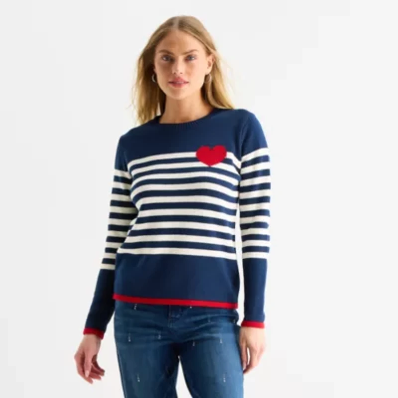 St. John's Bay Womens Crew Neck Long Sleeve Striped Cable Knit Pullover Sweater