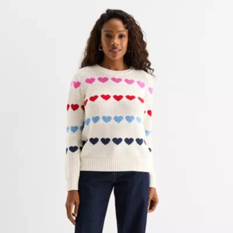 St. John's Bay Womens Crew Neck Long Sleeve Cable Knit Pullover Sweater