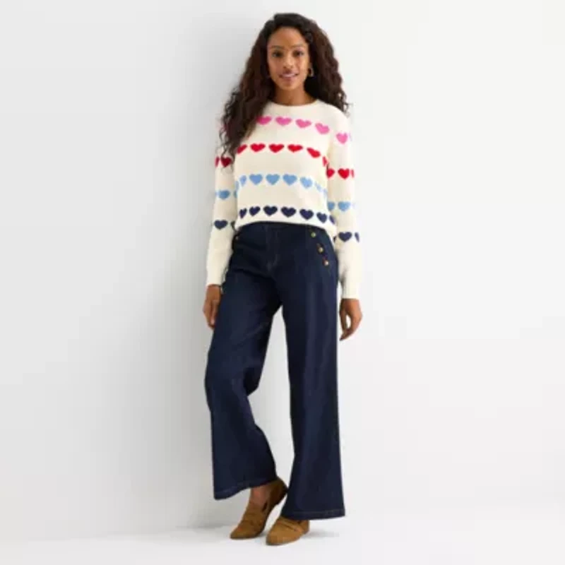 St. John's Bay Womens Crew Neck Long Sleeve Cable Knit Pullover Sweater