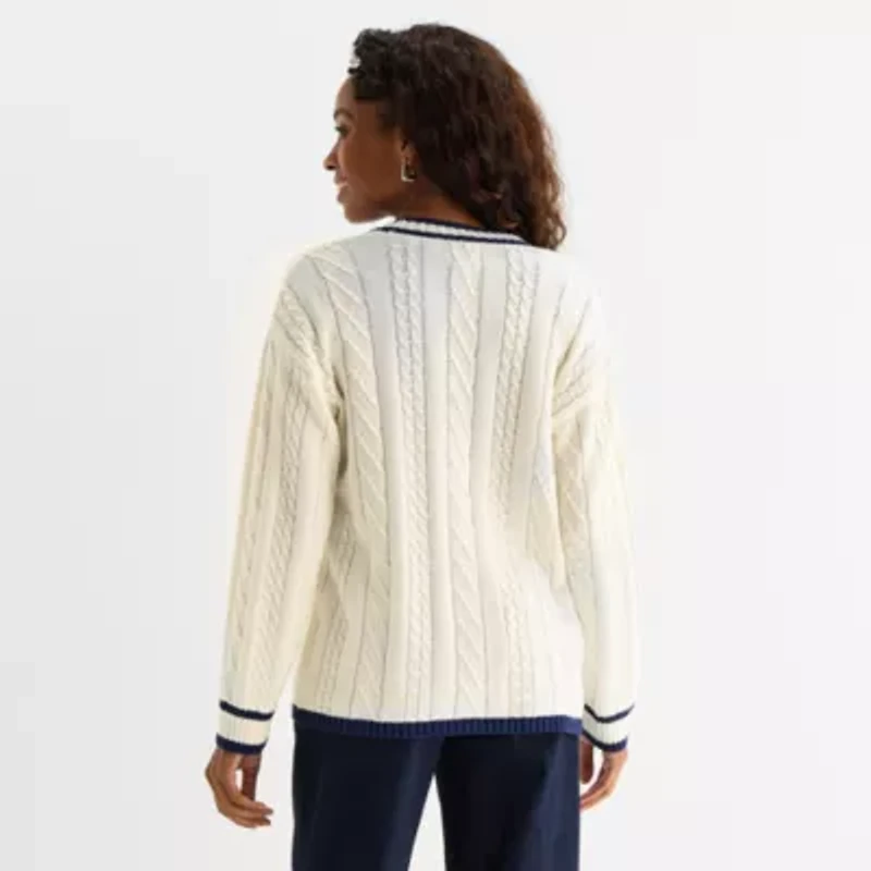 St. John's Bay Womens V Neck Long Sleeve Button Cable Knit Cardigan