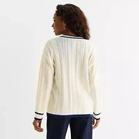St. John's Bay Womens V Neck Long Sleeve Button Cable Knit Cardigan