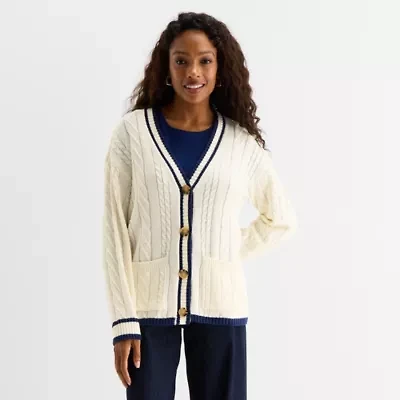 St. John's Bay Womens V Neck Long Sleeve Button Cable Knit Cardigan