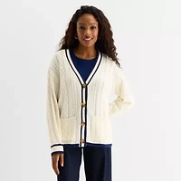 St. John's Bay Womens V Neck Long Sleeve Button Cable Knit Cardigan