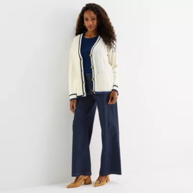 St. John's Bay Womens V Neck Long Sleeve Button Cable Knit Cardigan