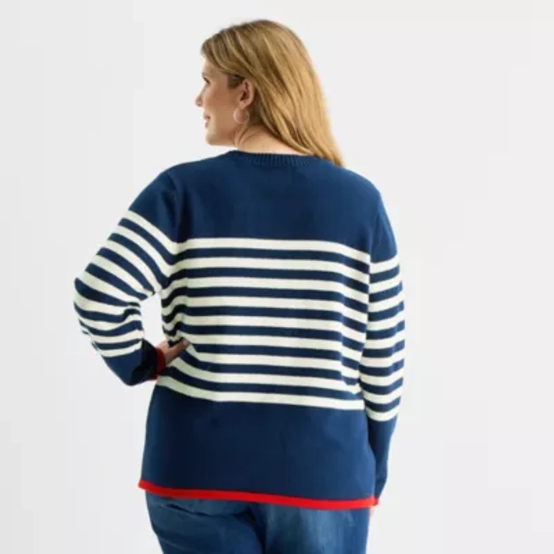 St. John's Bay Plus Womens Crew Neck Long Sleeve Striped Cable Knit Pullover Sweater