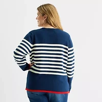 St. John's Bay Plus Womens Crew Neck Long Sleeve Striped Cable Knit Pullover Sweater