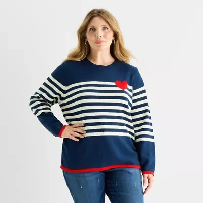 St. John's Bay Plus Womens Crew Neck Long Sleeve Striped Cable Knit Pullover Sweater