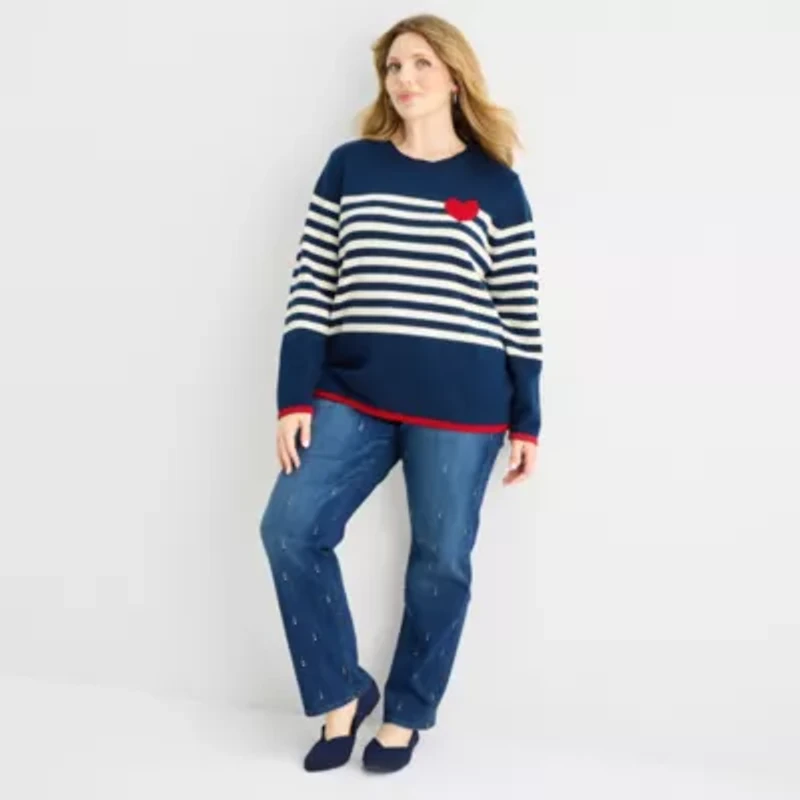 St. John's Bay Plus Womens Crew Neck Long Sleeve Striped Cable Knit Pullover Sweater