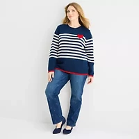 St. John's Bay Plus Womens Crew Neck Long Sleeve Striped Cable Knit Pullover Sweater