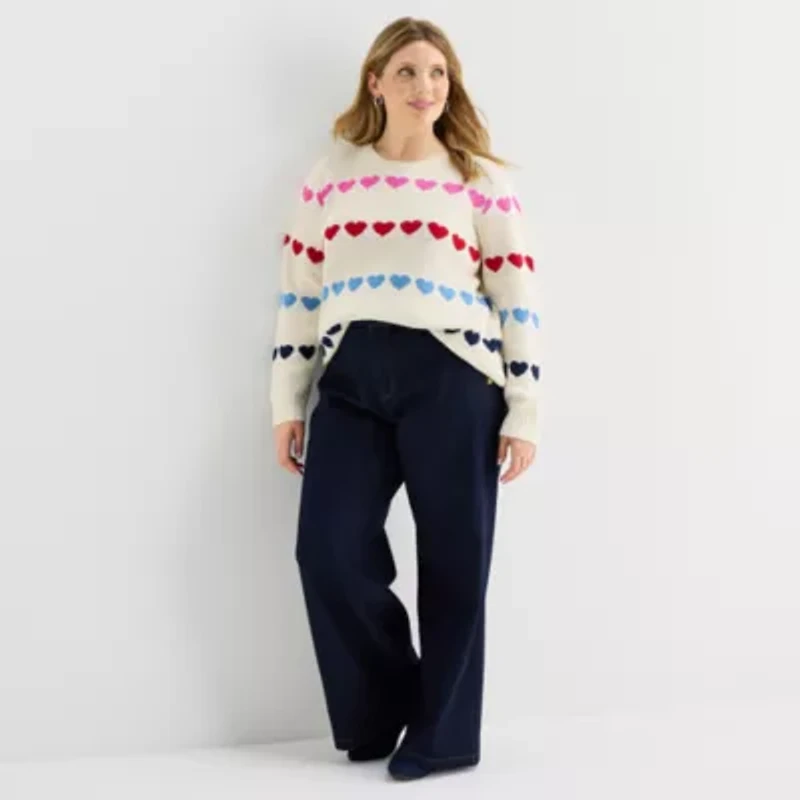 St. John's Bay Plus Womens Crew Neck Long Sleeve Cable Knit Pullover Sweater