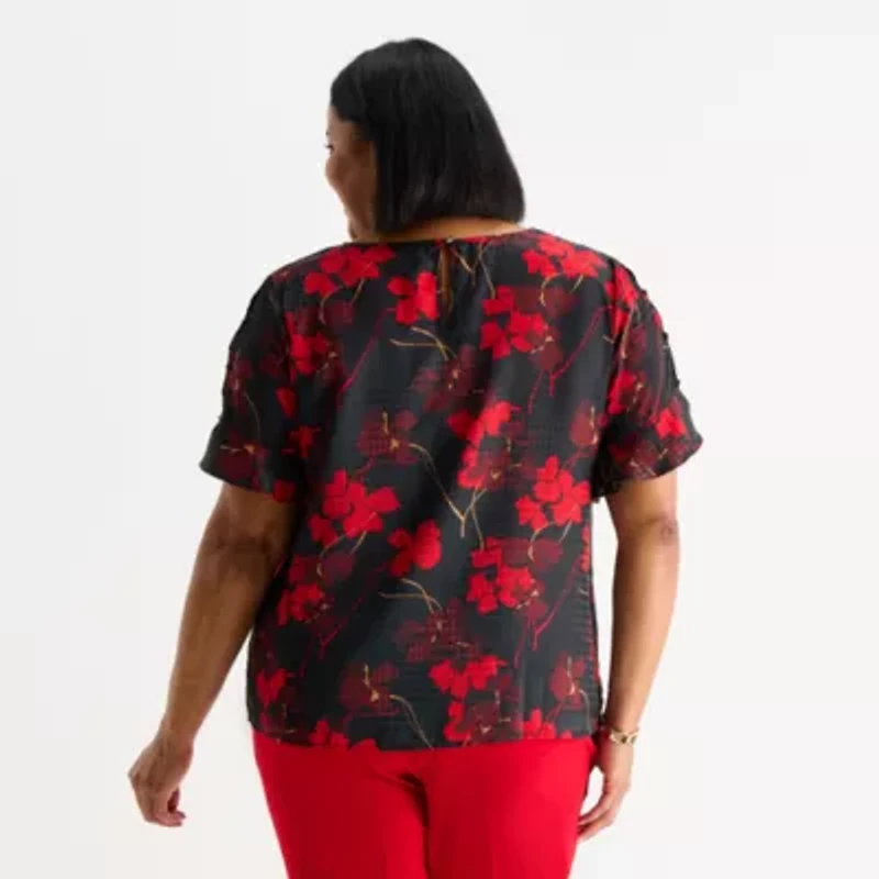Liz Claiborne Womens Plus Crew Neck Short Sleeve Blouse