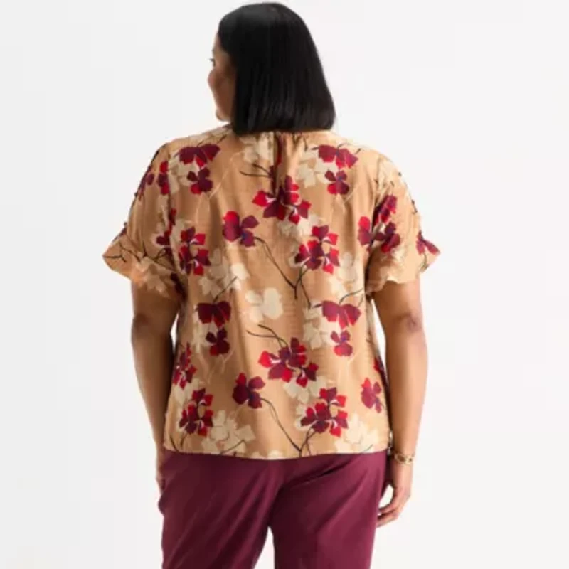 Liz Claiborne Womens Plus Crew Neck Short Sleeve Blouse