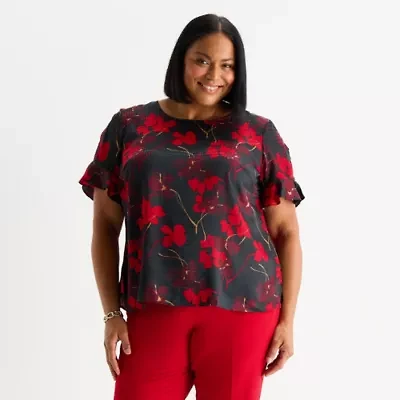 Liz Claiborne Womens Plus Crew Neck Short Sleeve Blouse