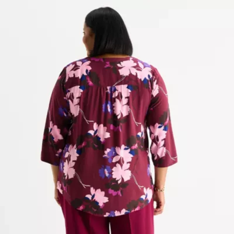 Liz Claiborne Plus Womens Split Crew Neck 3/4 Sleeve Tunic Top