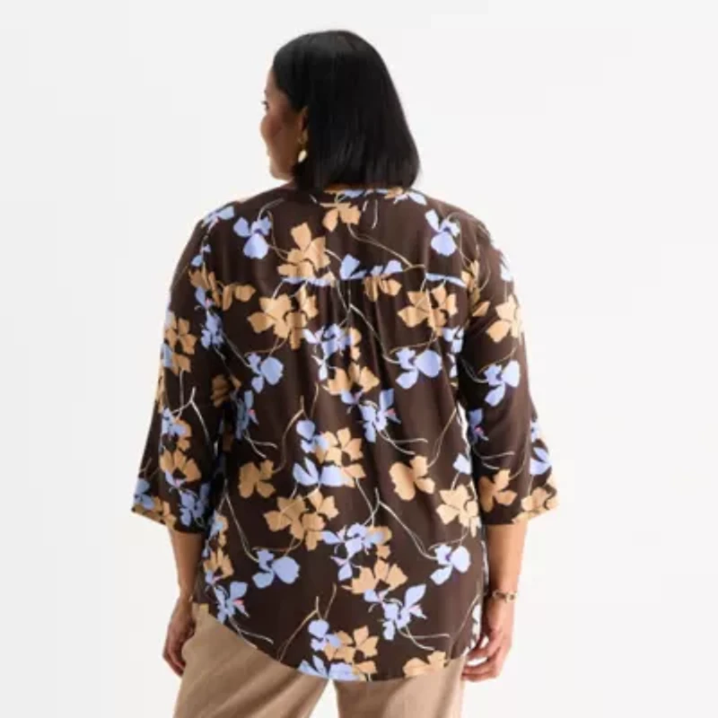 Liz Claiborne Plus Womens Split Crew Neck 3/4 Sleeve Tunic Top