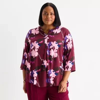 Liz Claiborne Plus Womens Split Crew Neck 3/4 Sleeve Tunic Top