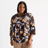 Liz Claiborne Plus Womens Split Crew Neck 3/4 Sleeve Tunic Top