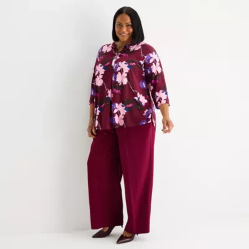 Liz Claiborne Plus Womens Split Crew Neck 3/4 Sleeve Tunic Top