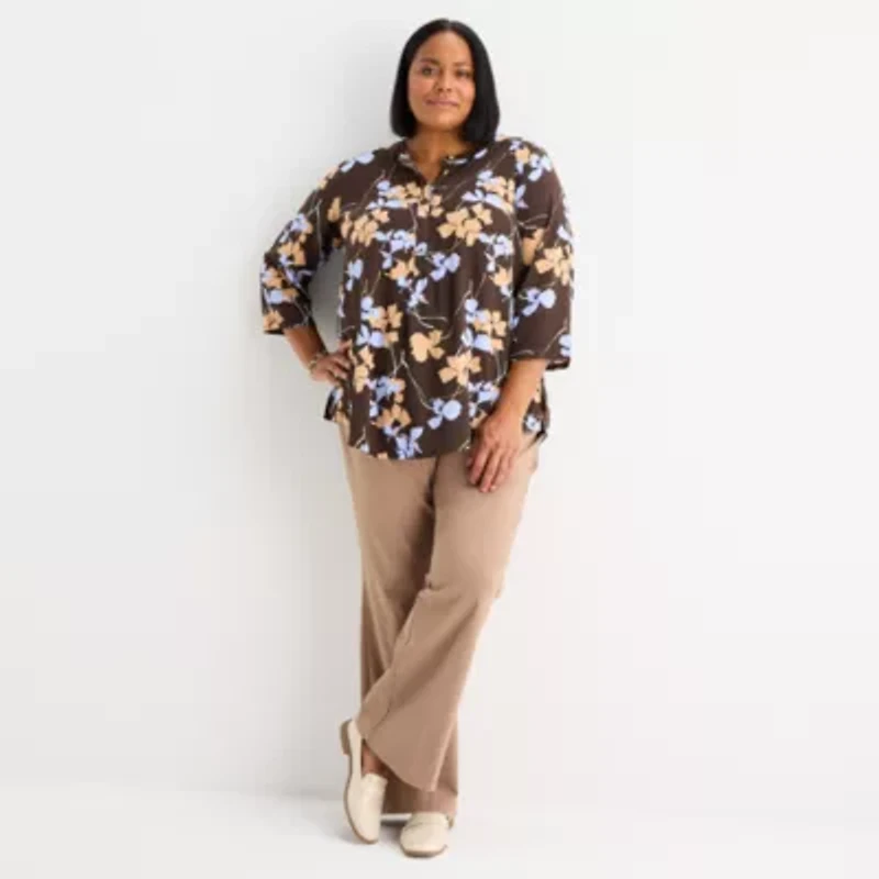 Liz Claiborne Plus Womens Split Crew Neck 3/4 Sleeve Tunic Top