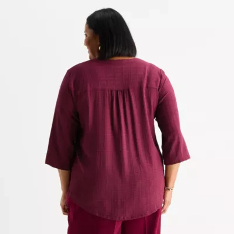 Liz Claiborne Plus Womens Split Crew Neck 3/4 Sleeve Tunic Top