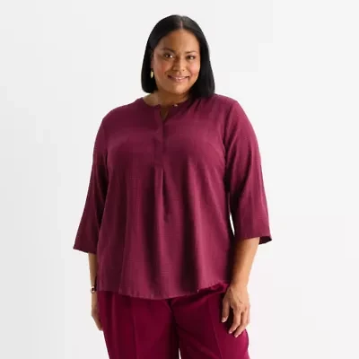 Liz Claiborne Plus Womens Split Crew Neck 3/4 Sleeve Tunic Top