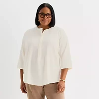 Liz Claiborne Plus Womens Split Crew Neck 3/4 Sleeve Tunic Top
