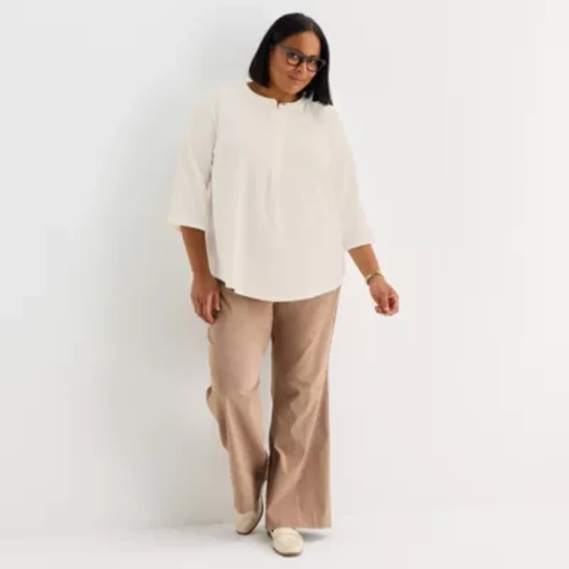 Liz Claiborne Plus Womens Split Crew Neck 3/4 Sleeve Tunic Top
