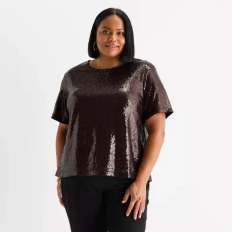 Liz Claiborne Womens Plus Crew Neck Short Sleeve Blouse