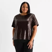 Liz Claiborne Womens Plus Crew Neck Short Sleeve Blouse