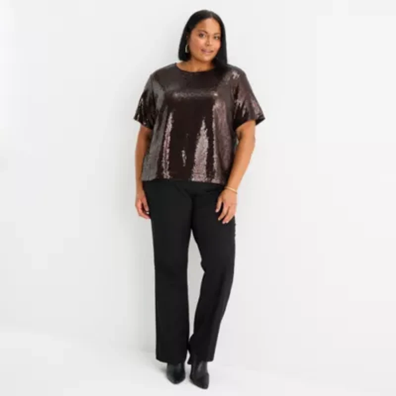 Liz Claiborne Womens Plus Crew Neck Short Sleeve Blouse