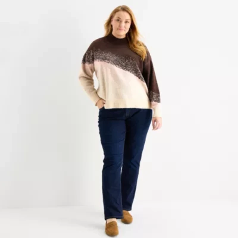 Liz Claiborne Plus Womens Mock Neck Long Sleeve Pullover Sweater