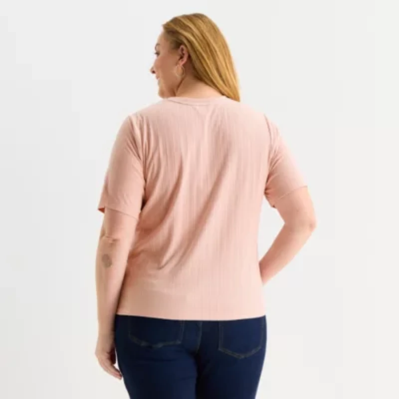 Liz Claiborne Womens Plus Crew Neck Elbow Sleeve T-Shirt