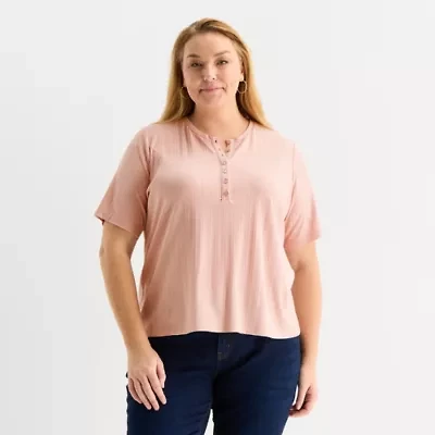 Liz Claiborne Womens Plus Crew Neck Elbow Sleeve T-Shirt