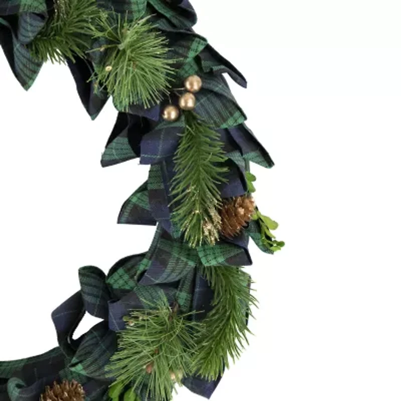 Northlight Blue And Green Plaid Bow Artificial Pine 17.75in Unlit Wreath