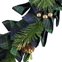 Northlight Blue And Green Plaid Bow Artificial Pine 17.75in Unlit Wreath